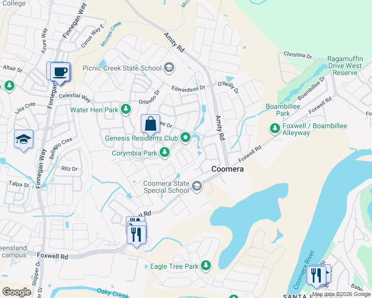 map of restaurants, bars, coffee shops, grocery stores, and more near Synergy Drive in Coomera