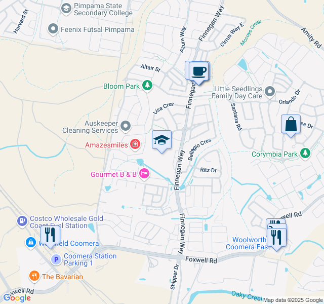 map of restaurants, bars, coffee shops, grocery stores, and more near 81 Finnegan Way in Coomera