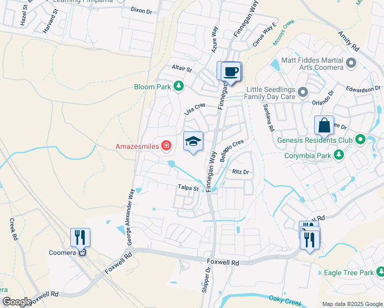 map of restaurants, bars, coffee shops, grocery stores, and more near 81 Finnegan Way in Coomera