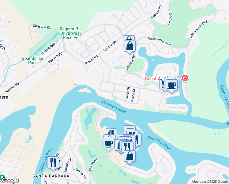 map of restaurants, bars, coffee shops, grocery stores, and more near 6 Tallawood Road in Coomera