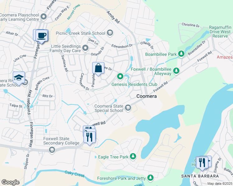 map of restaurants, bars, coffee shops, grocery stores, and more near 50 Synergy Drive in Coomera