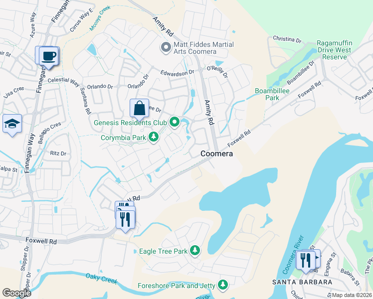 map of restaurants, bars, coffee shops, grocery stores, and more near 51 Picnic Creek Drive in Coomera