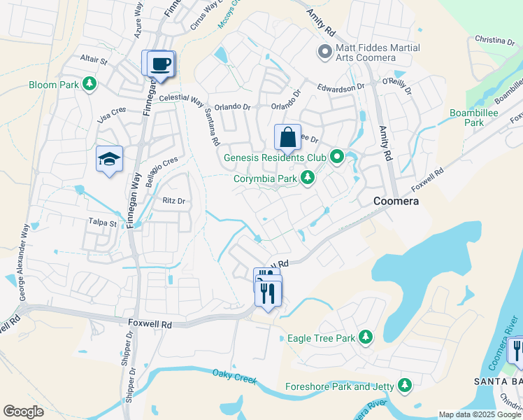map of restaurants, bars, coffee shops, grocery stores, and more near Keppel Way in Coomera