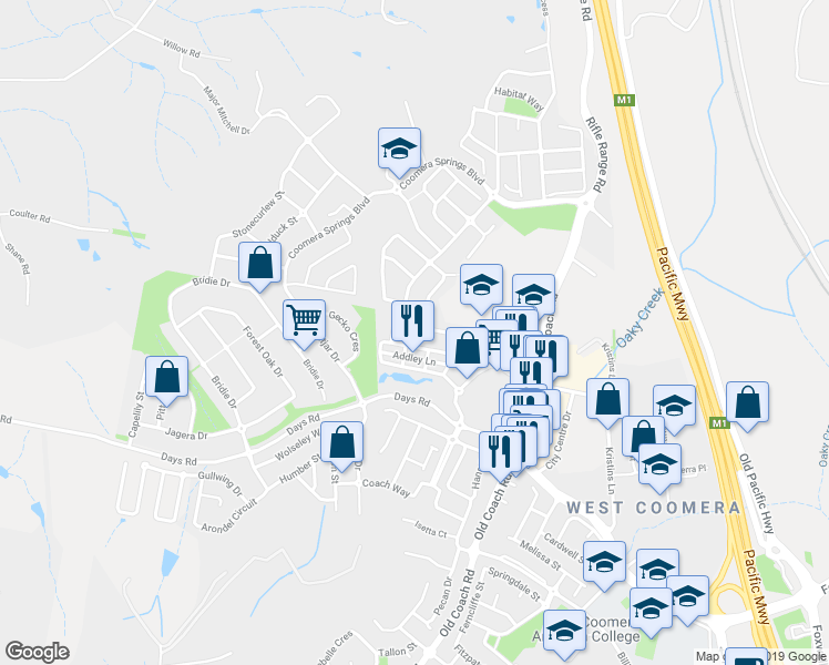 map of restaurants, bars, coffee shops, grocery stores, and more near 13 Hasemann Crescent in Upper Coomera