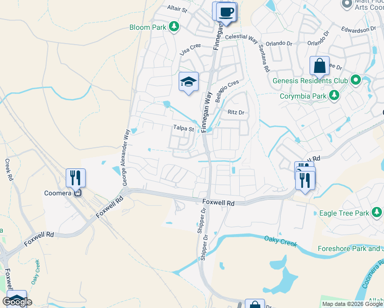 map of restaurants, bars, coffee shops, grocery stores, and more near 8 Vanilla Lane in Coomera