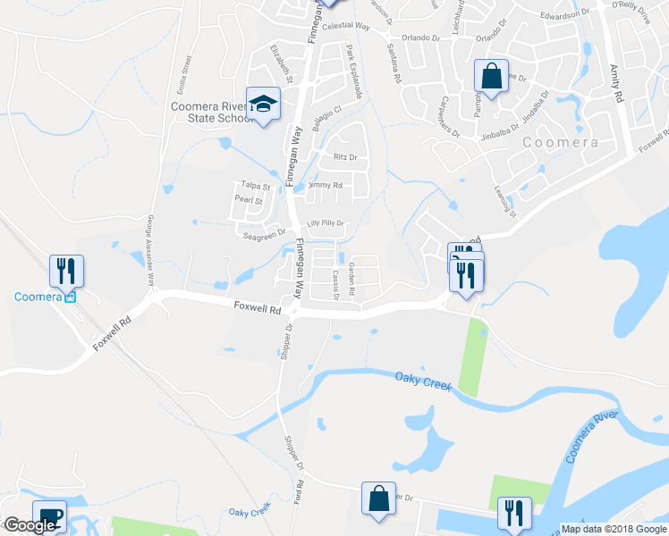 map of restaurants, bars, coffee shops, grocery stores, and more near Pongamia Road in Coomera