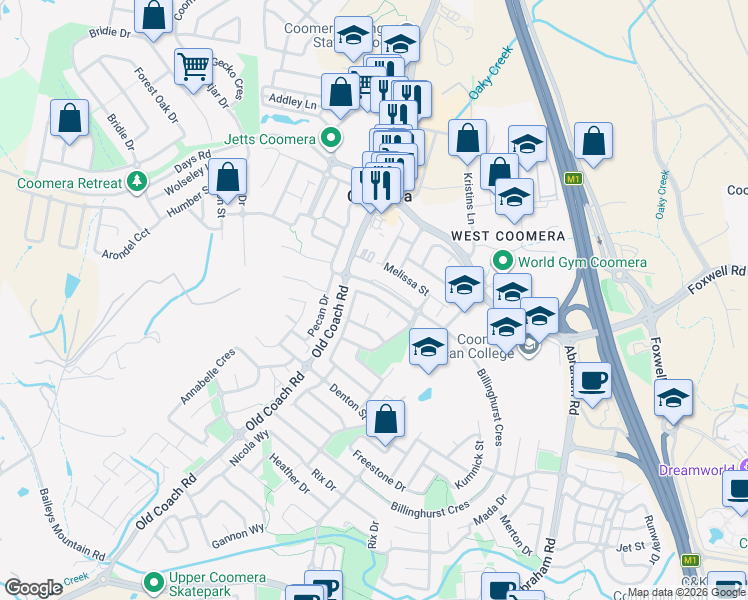 map of restaurants, bars, coffee shops, grocery stores, and more near 14 Springdale Street in Upper Coomera