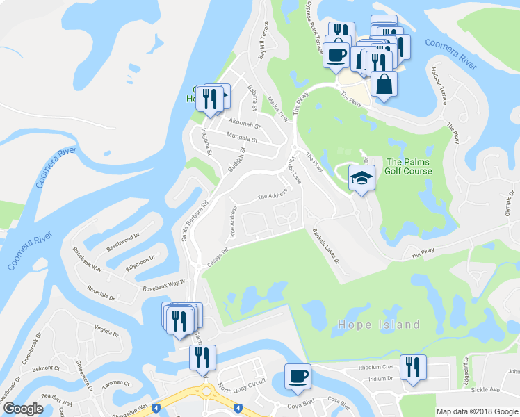 map of restaurants, bars, coffee shops, grocery stores, and more near 38-50 Caseys Road in Hope Island
