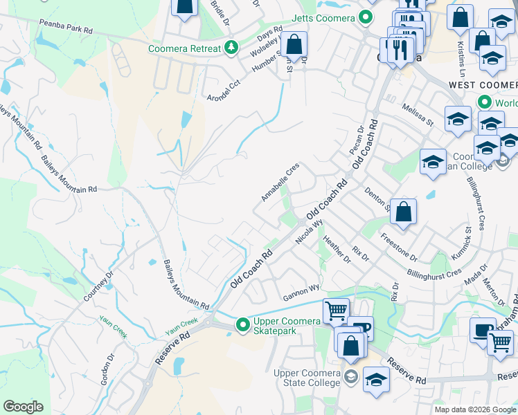 map of restaurants, bars, coffee shops, grocery stores, and more near 58 Annabelle Crescent in Upper Coomera