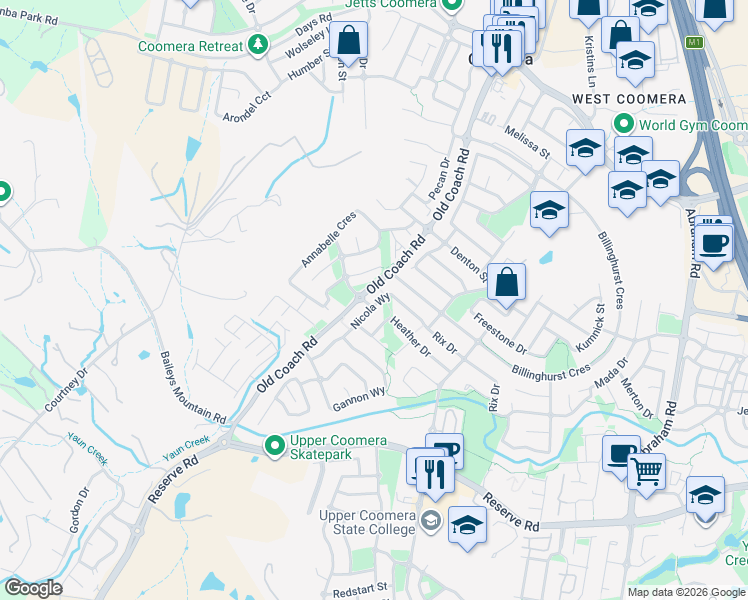 map of restaurants, bars, coffee shops, grocery stores, and more near 4 Paula Drive in Upper Coomera