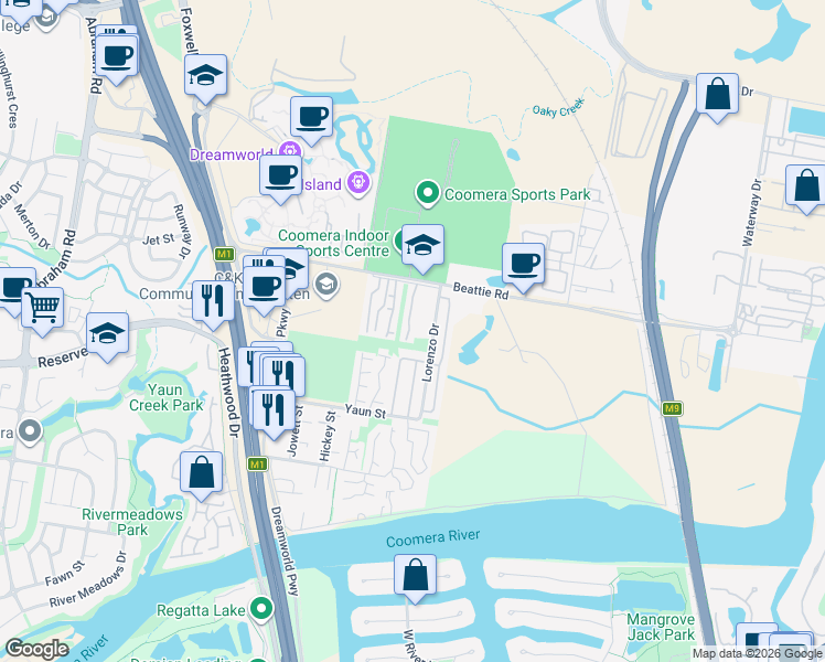map of restaurants, bars, coffee shops, grocery stores, and more near 50 Beattie Road in Coomera