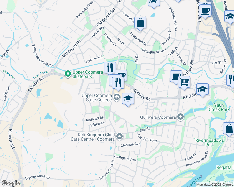 map of restaurants, bars, coffee shops, grocery stores, and more near 1 Brygon Creek Drive in Upper Coomera