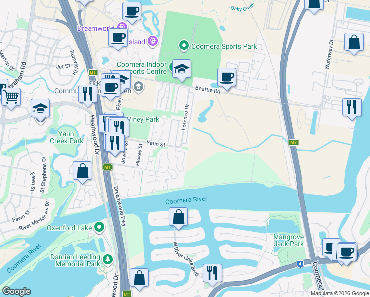 map of restaurants, bars, coffee shops, grocery stores, and more near 60-62 Beattie Road in Coomera