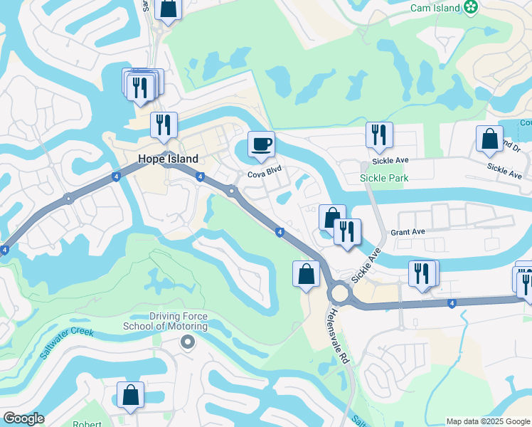 map of restaurants, bars, coffee shops, grocery stores, and more near 20 Azure Way in Hope Island