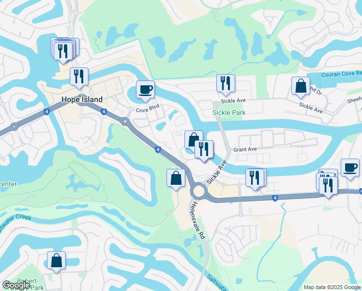 map of restaurants, bars, coffee shops, grocery stores, and more near 5 Pendraat Parade in Hope Island