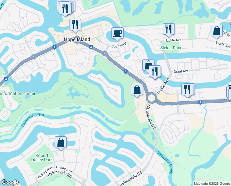 map of restaurants, bars, coffee shops, grocery stores, and more near 7696 Fairway Boulevard in Hope Island