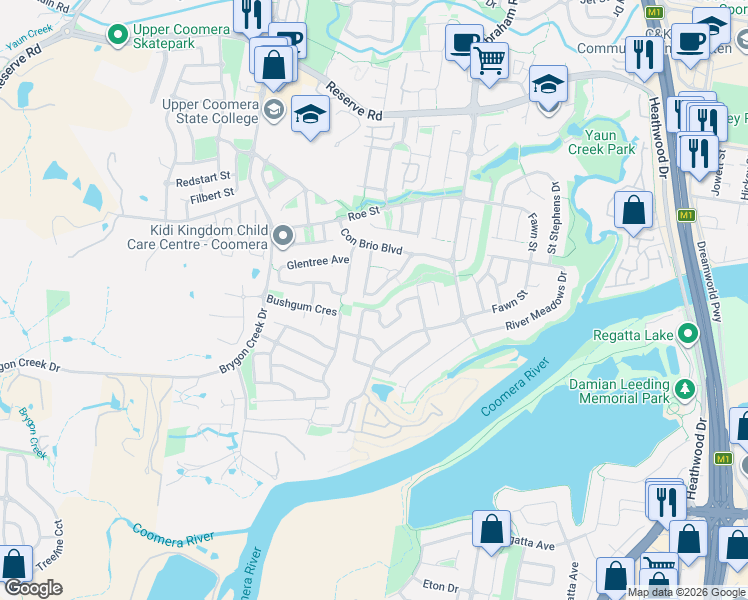 map of restaurants, bars, coffee shops, grocery stores, and more near 37 Vivacity Drive in Upper Coomera