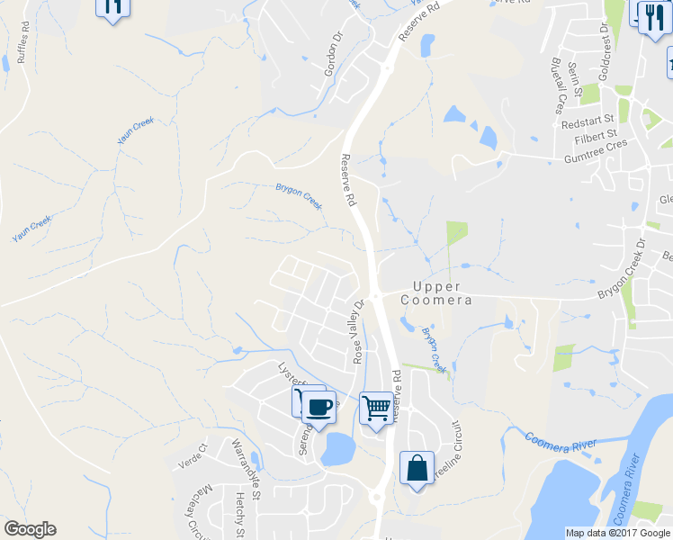 map of restaurants, bars, coffee shops, grocery stores, and more near 9 Wimmera Crescent in Upper Coomera
