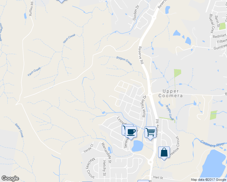 map of restaurants, bars, coffee shops, grocery stores, and more near Barri Lane in Upper Coomera