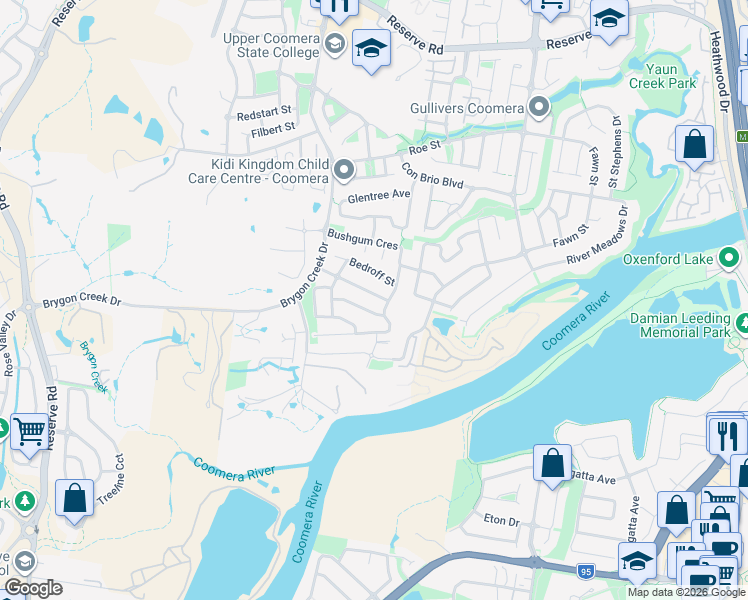 map of restaurants, bars, coffee shops, grocery stores, and more near 23 Glasswing Drive in Upper Coomera