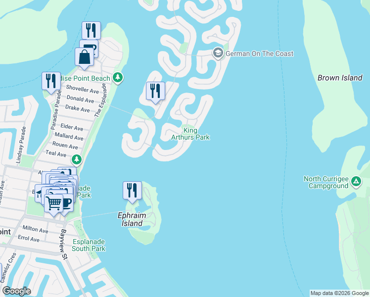 map of restaurants, bars, coffee shops, grocery stores, and more near 37 King Arthurs Court in Paradise Point