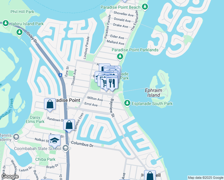 map of restaurants, bars, coffee shops, grocery stores, and more near 1 Grice Avenue in Paradise Point