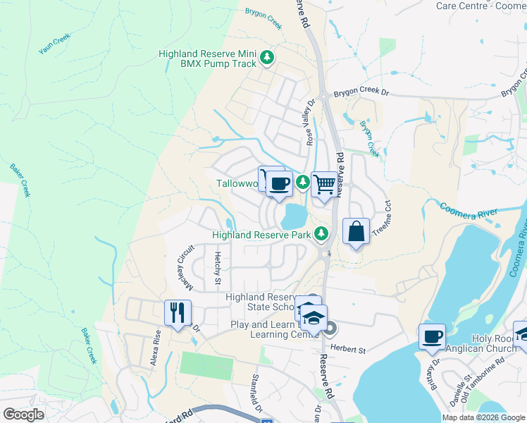 map of restaurants, bars, coffee shops, grocery stores, and more near 13 Garawarra Crescent in Upper Coomera