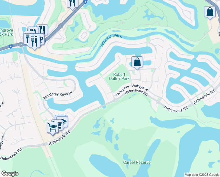 map of restaurants, bars, coffee shops, grocery stores, and more near Dalley Park Drive in Helensvale