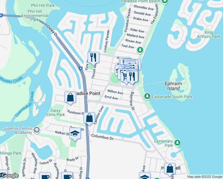 map of restaurants, bars, coffee shops, grocery stores, and more near 53 Milton Avenue in Paradise Point