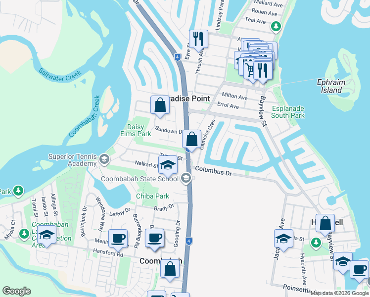 map of restaurants, bars, coffee shops, grocery stores, and more near 142 Oxley Drive in Paradise Point
