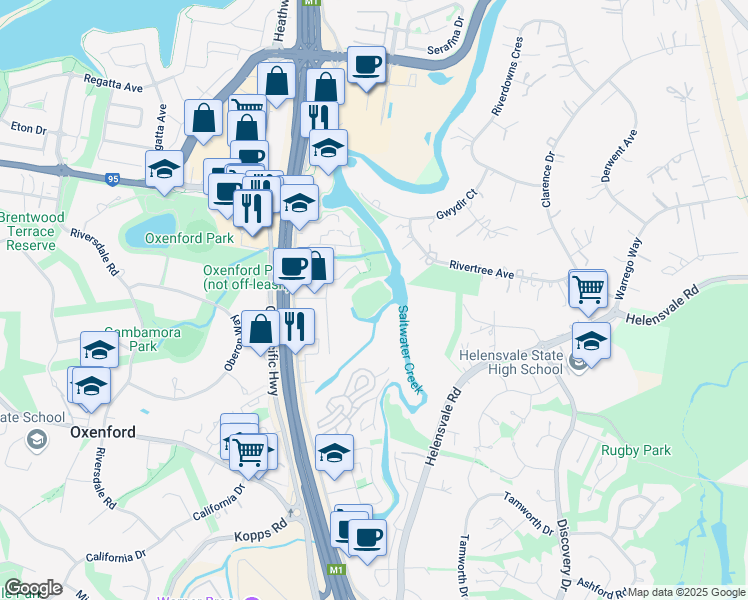 map of restaurants, bars, coffee shops, grocery stores, and more near in Helensvale