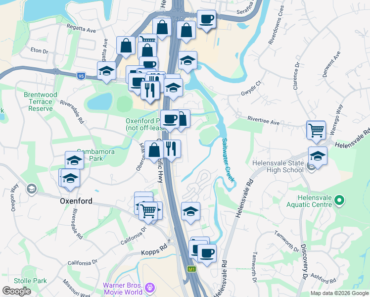 map of restaurants, bars, coffee shops, grocery stores, and more near 29 Casuarina Way in Helensvale