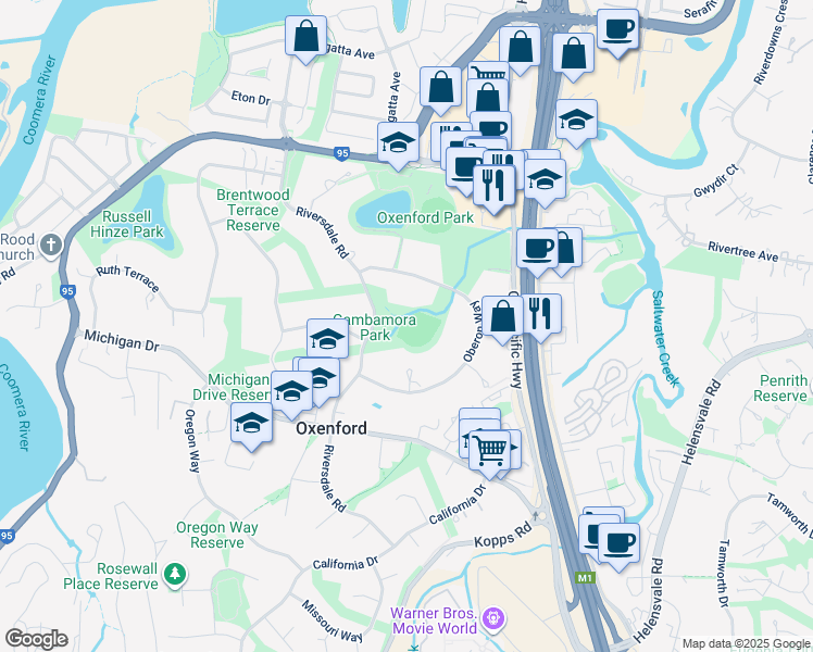 map of restaurants, bars, coffee shops, grocery stores, and more near 22 Riversdale Road in Oxenford