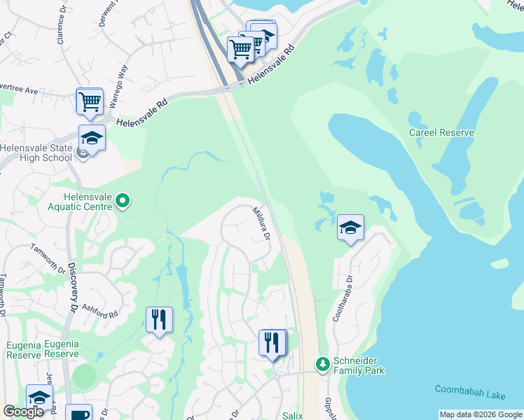 map of restaurants, bars, coffee shops, grocery stores, and more near 222 Mildura Drive in Helensvale