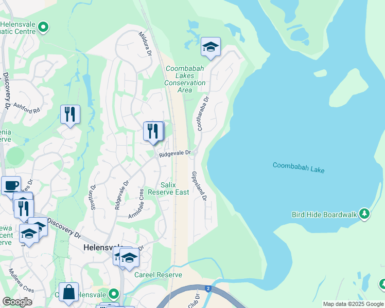 map of restaurants, bars, coffee shops, grocery stores, and more near 1A Gippsland Drive in Helensvale