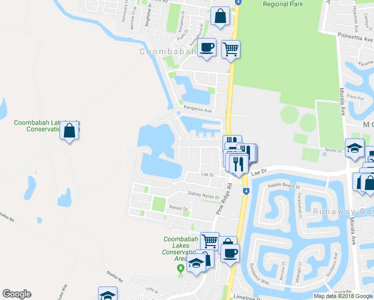 map of restaurants, bars, coffee shops, grocery stores, and more near 1 Trieste Court in Coombabah