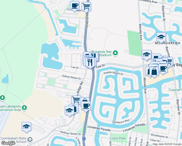 map of restaurants, bars, coffee shops, grocery stores, and more near 399 Oxley Drive in Runaway Bay