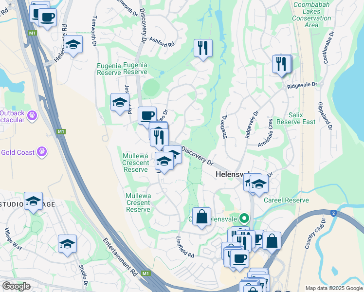 map of restaurants, bars, coffee shops, grocery stores, and more near Discovery Drive in Helensvale