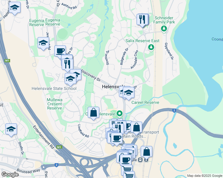 map of restaurants, bars, coffee shops, grocery stores, and more near Discovery Drive in Helensvale