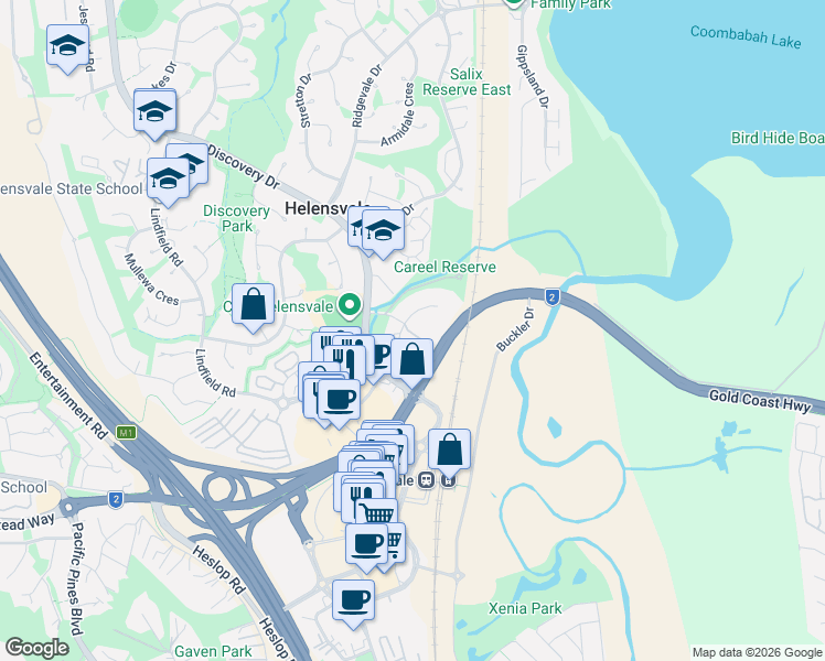 map of restaurants, bars, coffee shops, grocery stores, and more near 26 Careel Close in Helensvale