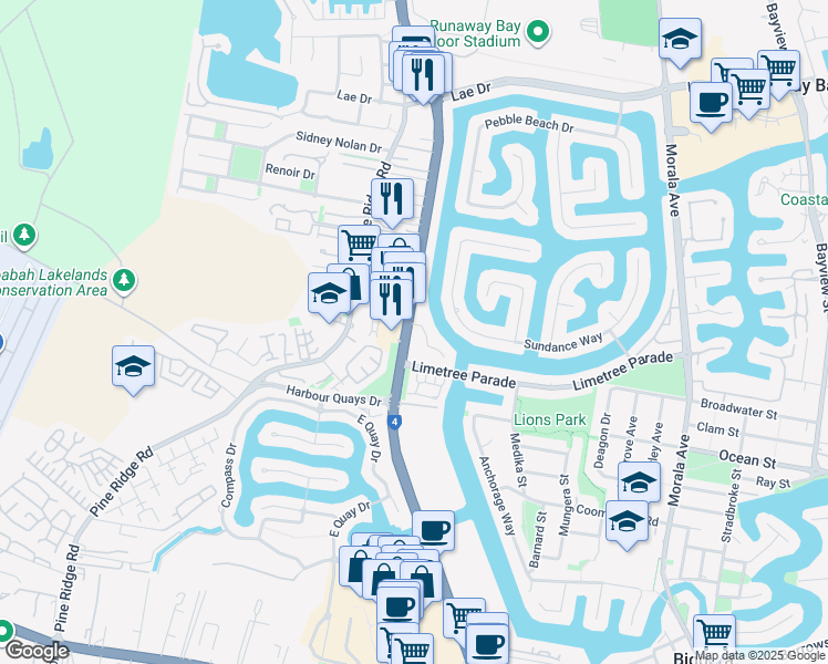 map of restaurants, bars, coffee shops, grocery stores, and more near 506 Oxley Drive in Runaway Bay