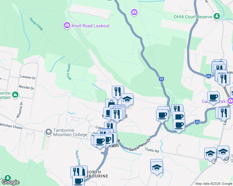map of restaurants, bars, coffee shops, grocery stores, and more near 1 Knoll Road in North Tamborine