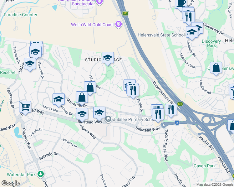 map of restaurants, bars, coffee shops, grocery stores, and more near 23 Village Way in Oxenford