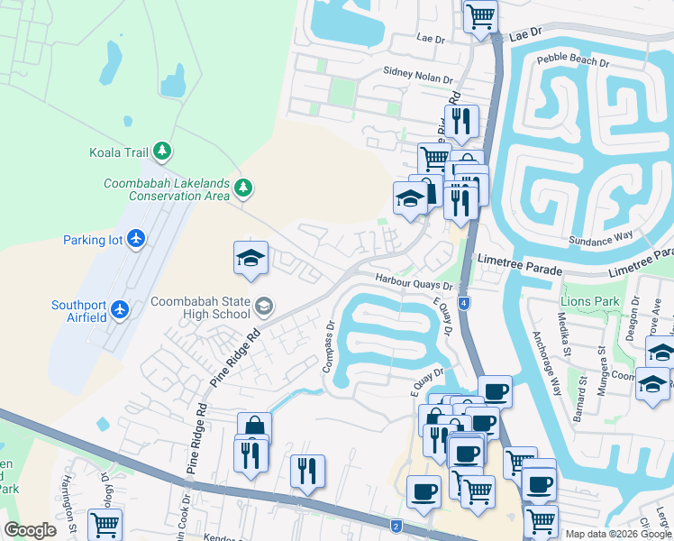 map of restaurants, bars, coffee shops, grocery stores, and more near 508 Pine Ridge Road in Coombabah