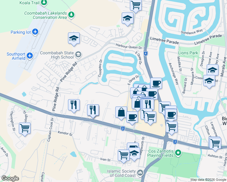 map of restaurants, bars, coffee shops, grocery stores, and more near 10 Compass Drive in Biggera Waters