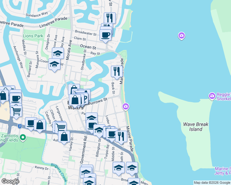 map of restaurants, bars, coffee shops, grocery stores, and more near 490 Marine Parade in Biggera Waters