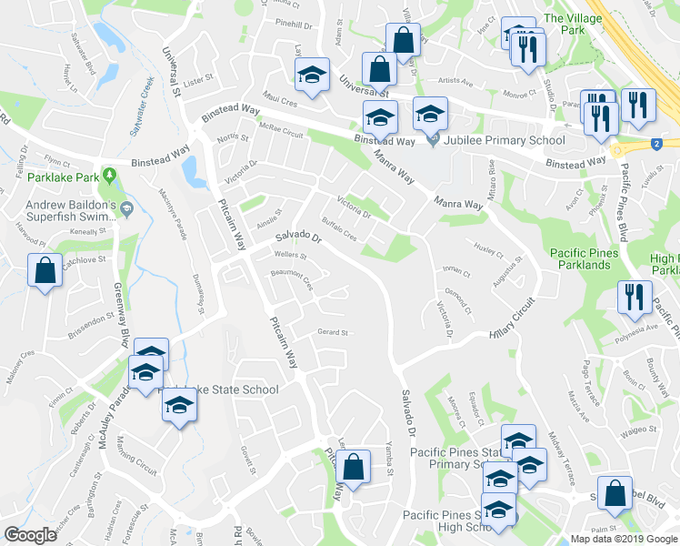 map of restaurants, bars, coffee shops, grocery stores, and more near 32 Wellers Street in Pacific Pines