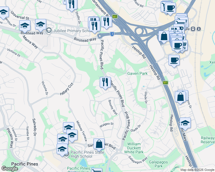 map of restaurants, bars, coffee shops, grocery stores, and more near 7 Malekula Rise in Pacific Pines