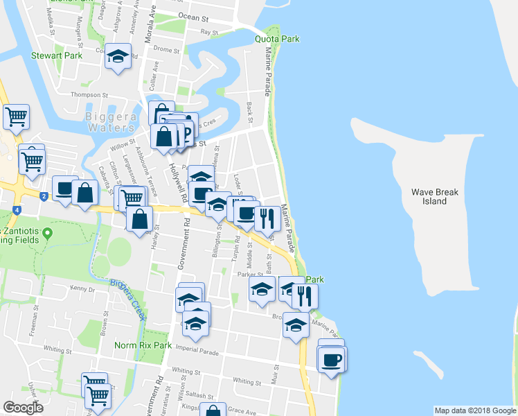 map of restaurants, bars, coffee shops, grocery stores, and more near 22 Brighton Street in Biggera Waters