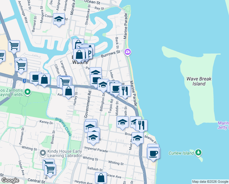 map of restaurants, bars, coffee shops, grocery stores, and more near 7 - 9 Loder Street in Biggera Waters